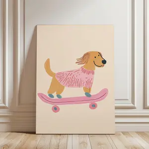 [1pc] 2D Flat Canvas painting  - Spring Summer Home Decor, High-quality Ink on Canvas, Cute Short-legged Puppy Riding a Skateboard Art Print, Modern Contemporary Minimalist Living Room, Bedroom, Kitchen, Dining Room Wall Decoration