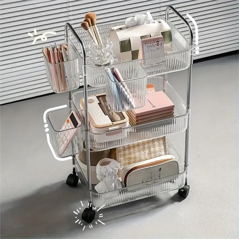 3-Tier Acrylic Rolling Storage Cart With 4 Hanging Storage Boxes, Rolling Cart For Cosmetics, Books, Snacks, Durable Acrylic Material, Under 27" Height, Versatile Bathroom Cart, Utility Carts, Snack Cart, Acrylic Bar Cart
