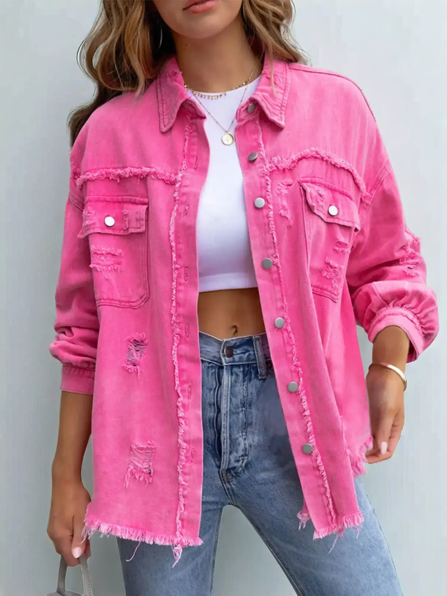 Women's Plain Button Front Ripped Drop Shoulder Coat, Casual Long Sleeve Shirt Collar Outerwear For Spring & Fall, Women's Clothes For Daily Wear, Top