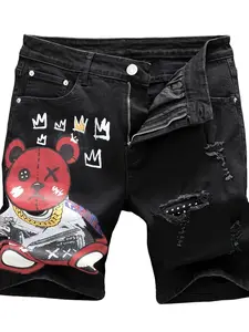 Men's Black Denim Shorts, Red King Bear Graphic Print, Distressed Streetwear Jorts