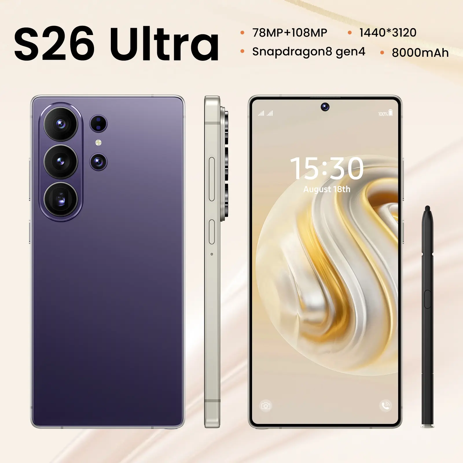 2026 New S26 Ultra 5G Android 15 Phone, 12GB+512GB, 6.99" HD Screen, 78MP+108MP Cam, 8000mAh, Stylus & Case, Perfect Holiday/Birthday Gift