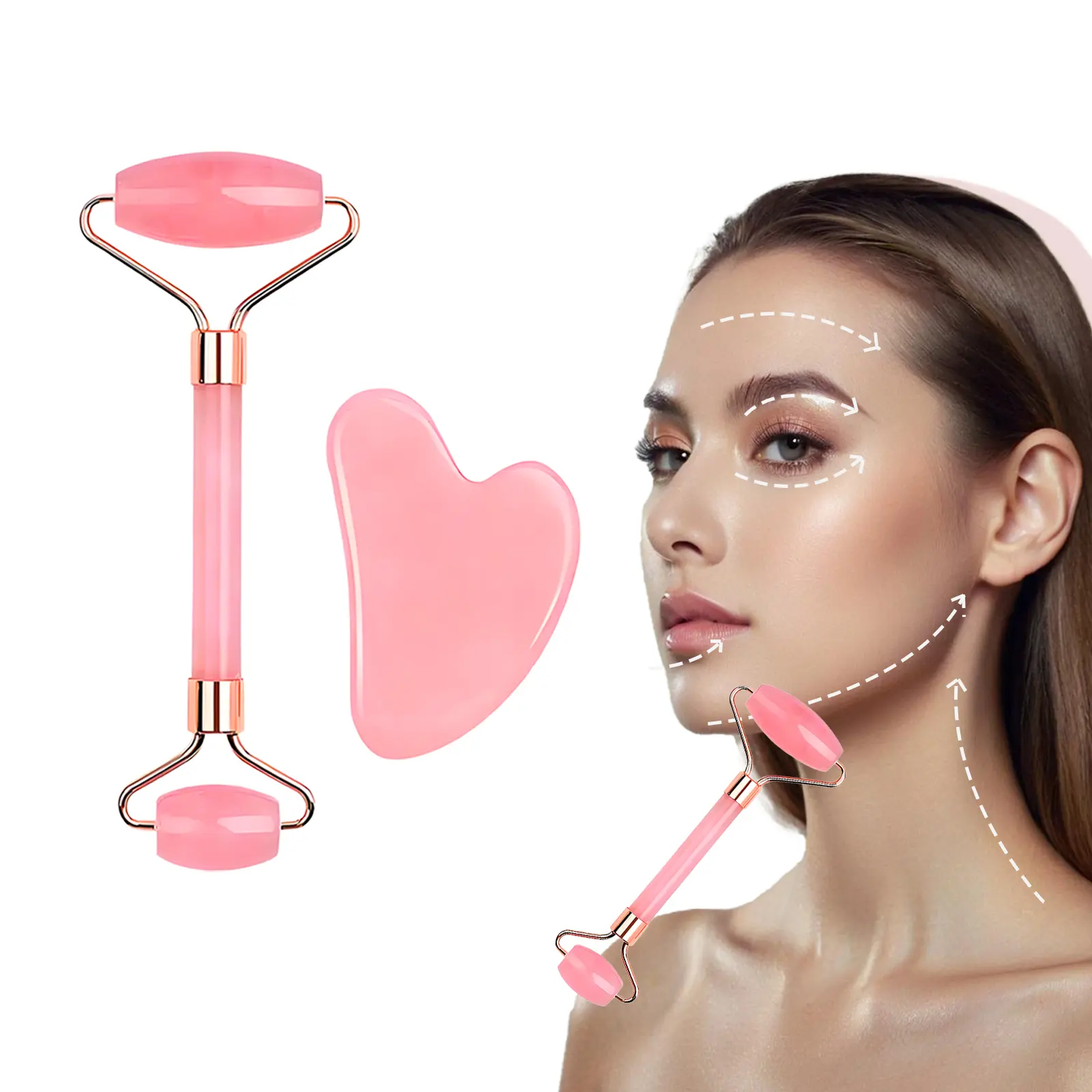 Pink 2-Piece Jade Roller and Gua Sha Set - Natural Stone Skincare Tools for Face Debloat, Smooth & Radiant Skin, Self Care Gifts, Facial Slimming & Massage Tools, Lifts Skin, Single Item, All