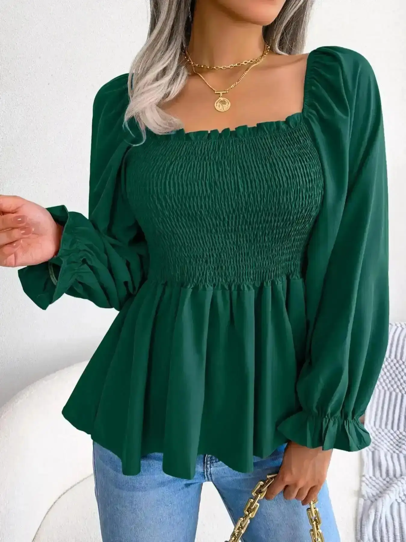 Modern Streetwear Crop, Model Superfancyfashion Women's Plain Frill Ruffle Shirred Square Neck Blouse, Solid Long Sleeve Flounce Peplum Tops, Ladies Casual Clothes for Spring & Fall, Chic Womenswear, Comfy, Picnic Ready