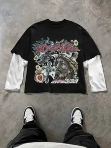 Men's Two-Piece Patchwork Colorblock Short Jacket, Graffiti Style Graphic Fossil Jesus Art Print, Casual Daily Wear, Unisex Tops, All Seasons