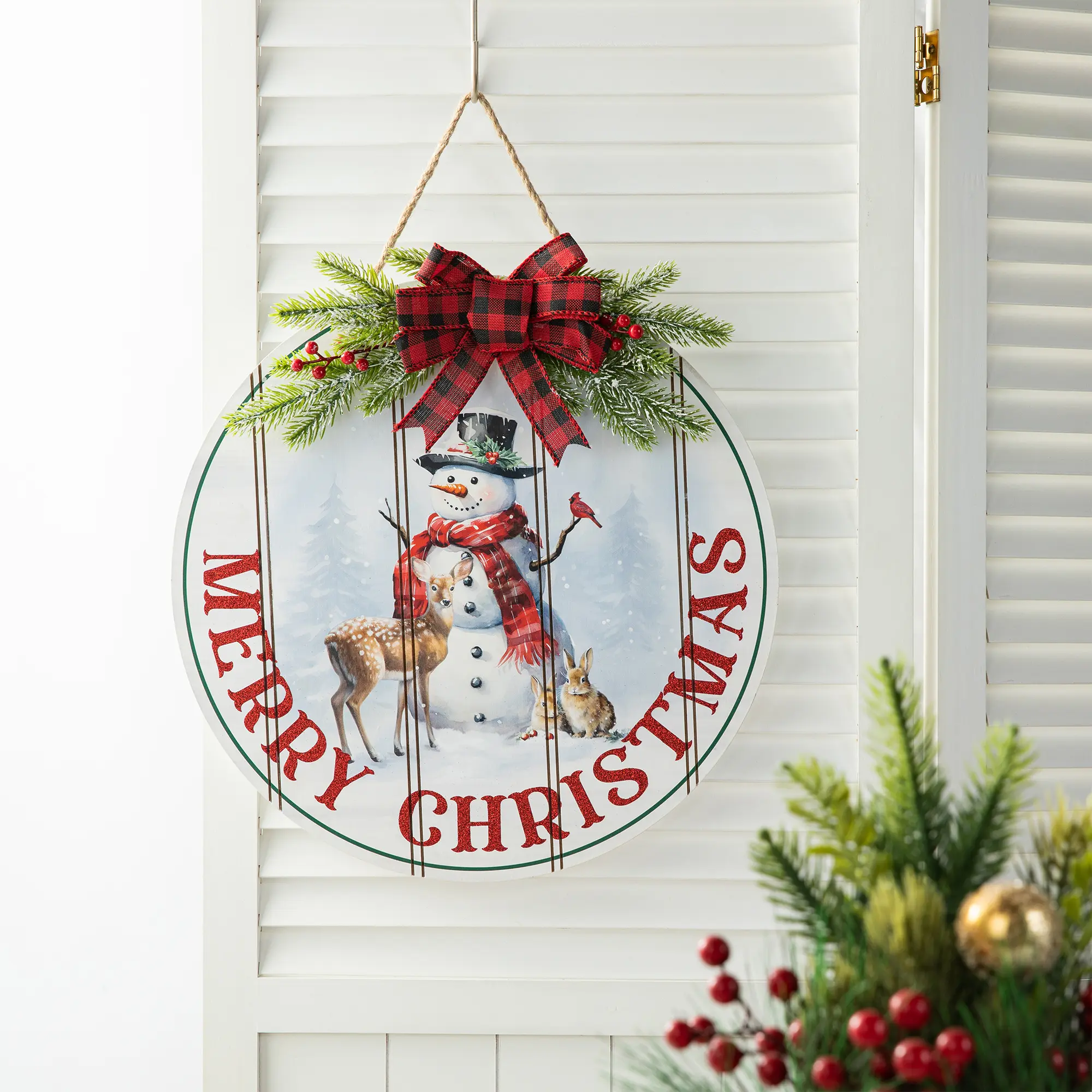 Glitzhome 15"D Wooden Christmas Round Word Sign Door Hanger