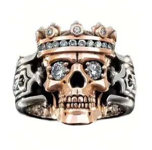 Retro Ring For Men, Popular Crown Skull Design Rhinestone Inlaid Ring, Vintage Punk Hip-Hop Fashion Ring, Rings For Men, Suitable For Daily Use