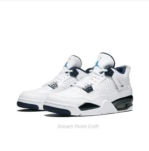 Retro Mid-Top Basketball Shoes in White Tumbled Leather with Dark Navy Blue Lace Locks, Lining, and Heel Accents