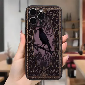 A beautiful iPhone case with a black crow on it, suitable for iPhone 16, 15, 14, 13, 12 and 11 Pro Max Plus models. Perfect as a Halloween and Christmas gift for everyone.