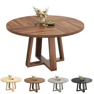 【GARVEE】Modern Farmhouse Round Dining Table, Seats 4-6 People, Solid Wood Construction, Stable Cross Pedestal Base, Space-Saving Design, Perfect for Apartment Living Room Kitchen