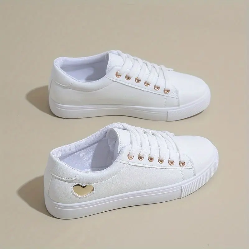 Women's White Faux Leather Waterproof Casual Sneakers - Lace-Up Low Top Platform Shoes with Heart Cutout, Round Toe, Women's Fashion Everyday Shoes for Daily Wear, Shopping