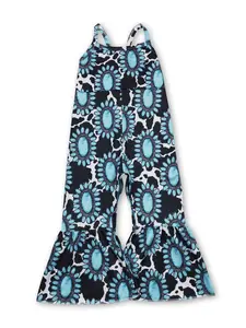 Western Turquoise Cow Printed Girls jumpsuit Western Turquoise Cow Printed Girls jumpsuit