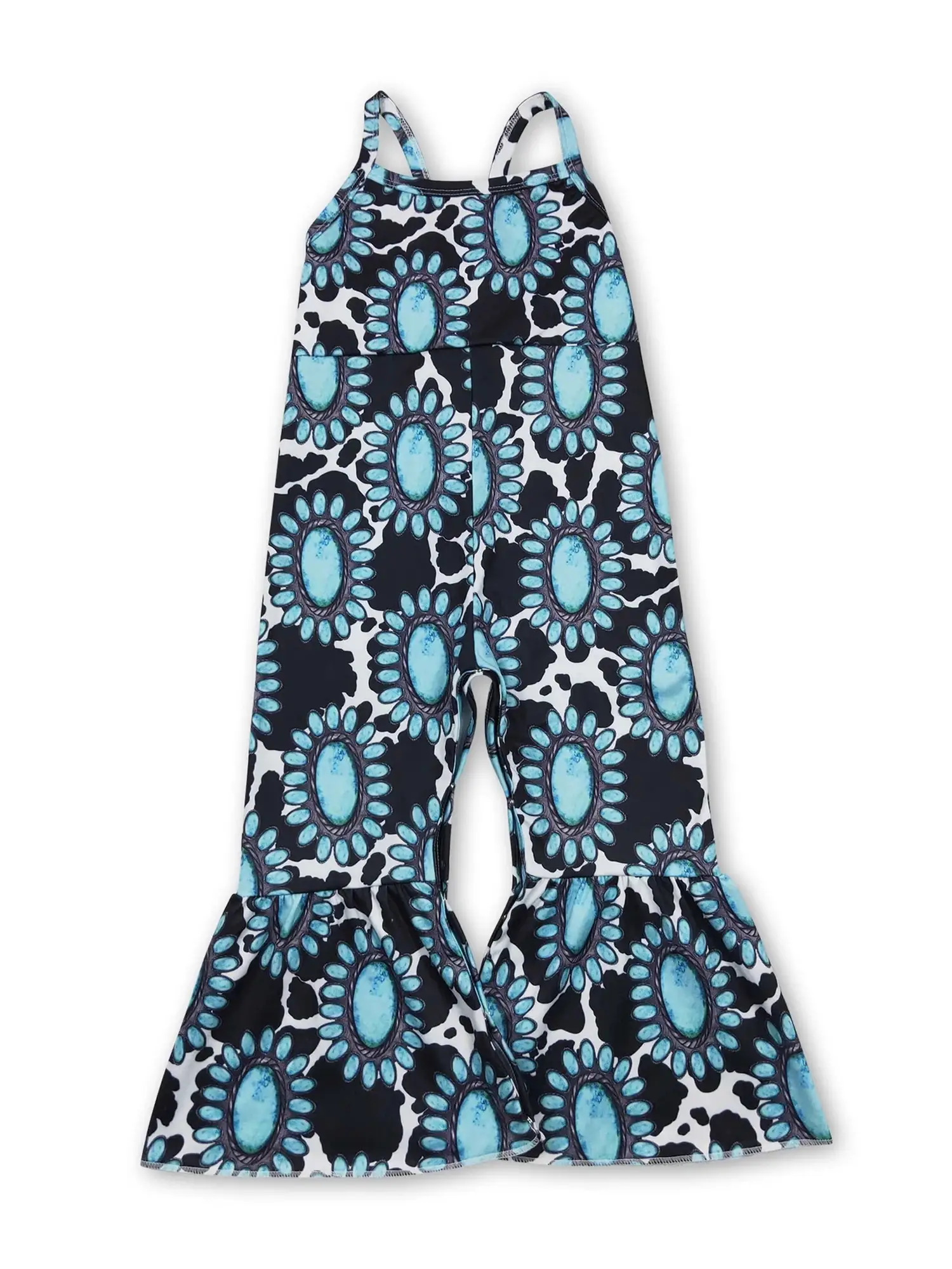 Western Turquoise Cow Printed Girls jumpsuit
