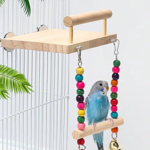 1PC Colorful Beaded Parrot Swing, Wooden Bird Perch Bird Jump Platform with Bell Decor, Bird Chewing and Grinding Toy, Bird Cage Accessory in All-Season, Bird Perches For Cage