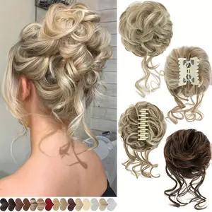 Messy Bun Wig Pin Curly Wavy Wig Balls Fluffy Updo Wig Set Hair Rope Long Beard Bun Bun Wig Set Suitable for Women Daily, Party and Wedding Occasions Synthetic Clip Hairpiece Blonde Brown Wave
