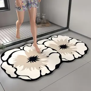 1pc Floral Diatomaceous Earth Non-Slip Bath Mat - Super Absorbent, Quick-Drying, Soft Shower Mat, Easy To Clean, Decorative Oval Floor Mat With Floral Pattern, Mechanically Bonded Polyester Backing, Safe And Stylish, Non-Slip Bath