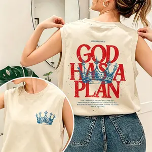 Vintage Washed "God Has A Plan" Tank Top | Christian Crown Print Oversized Cotton Vest Unisex Streetwear