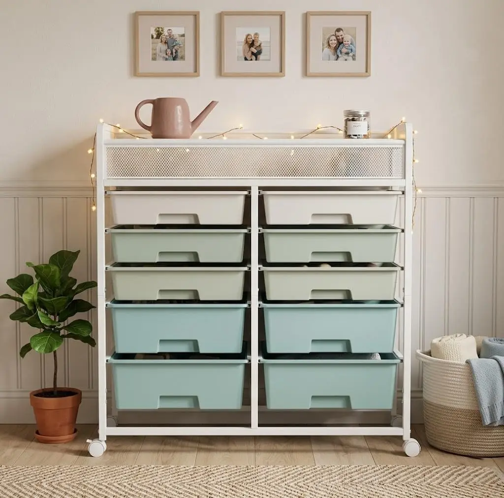 2 Row 5-Tier Rolling Utility Cart with 10 Drawers, Diamond Mesh Top Basket, Metal Storage Organizer Trolley with Lockable Wheels for Kitchen, Bathroom, Bedroom, Office