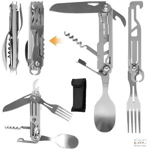 EC 6-in-1 Detachable Stainless Steel Camping Utensil Set, Folding Spoon Fork Knife Can Opener Combo, Portable Travel Cutlery for Camping Hiking Picnic Outdoor Use