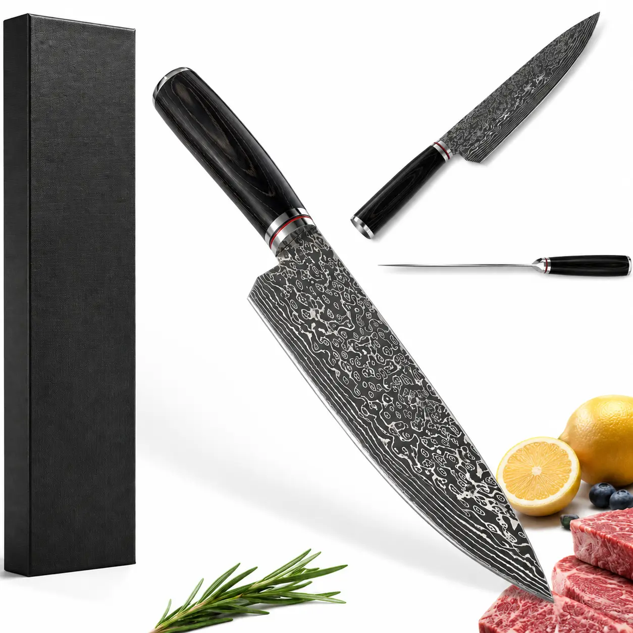 Damascus Pattern Kitchen Chef Knife, 5Cr13 Steel Blade with Ergonomic Wood Handle