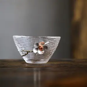 Zenation Japanese hammered glass exquisite -set of 2 tea cups/sake cups, with tin and copper plum blossom decoration-A Drinkware Handmade Traditional Peace Tumblers Bottles