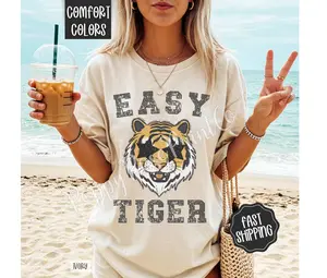 Comfort Colors Easy Tiger Shirt Women's Fitted Crew Neck Casual Summer Top 100% US Cotton Oversized Streetwear