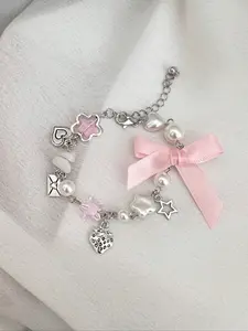 Stylish Sweet Minimalist Star Strawberry Bow Pendant Crystal Pearl Chain Bracelet, Elegant Jewelry for Everyday Wear, Beaded Bracelet, Pretty Bracelet, High Quality Bracelet