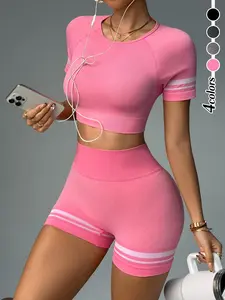 Women's Colorblock Striped Print Crop Top & High Waist Skinny Shorts Two-piece Set, Casual Fashion Breathable Comfortable Outfits for Gym Workout Running, Ladies Sportswear Sweatsuit Set for All Seasons