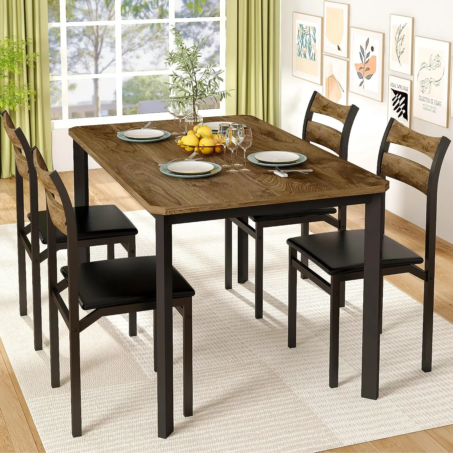 Recaceik Dining Table Set for 4, 43.3" Dining Room Table with 4 Upholstered PU Leather Chairs, Modern Wood Kitchen Table and Chairs Set, Brown Furnitu