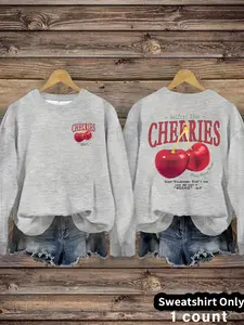 Women's Casual Cherries Cherry Print Pullover Sweater, Soft Long Sleeve Round Neck Sweatshirt, All-Season Wear