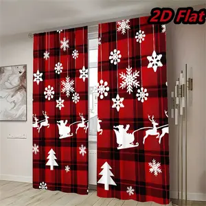 2Pcs Christmas Curtains Red Plaid with Snowflake Deer Tree  Decorative Window Winter Holiday Themed Curtain Panels Gift Boxes for Living Room Bedroom Kitchen Home Decor Rod Pocket Light Filtering Drapes