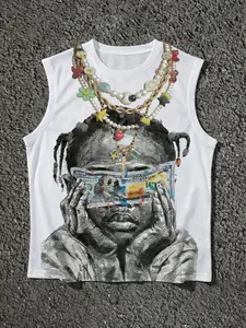 Rapper Portrait Graphic Sleeveless Tee Y2K Aesthetic Streetwear with Pearl Chain Decor Studded Detail Trendy Hip-Hop Top for Men Women Casual Summer Outfit Concert Look Street Style Essential Viral TikTok Fashion Must-Have