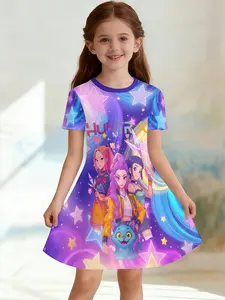 Girls' 3D Short Sleeve Dress, Huntrix Q Edition, Full Print Summer Dress, Perfect for Parties, Festivals, Gifts, Birthday Presents
