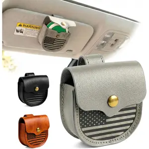 Leather  Visor Clip Holder for ZYN,  Round Can Organizer & Travel Storage - Fits ZYN Tins -  Interior Accessory with  Flag Design -  for Drivers (Gray)