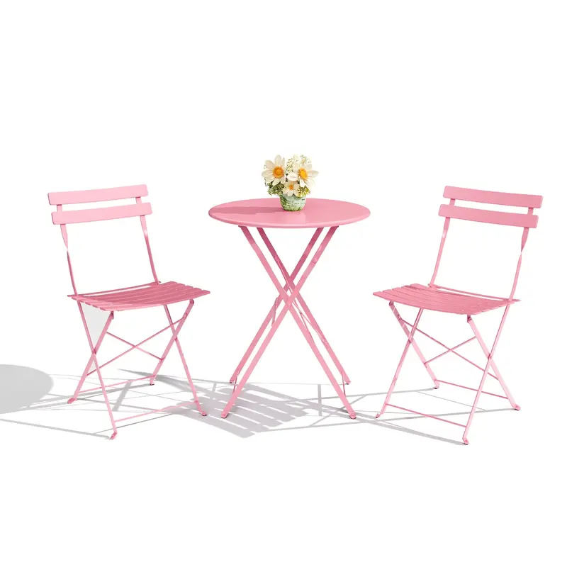3-Piece Folding Bistro Set, Foldable Patio Furniture Set with Premium Frame, Outdoor Bistro Table and Chairs Set of 2 for Patio and Garden, Pink