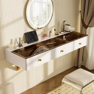 47" Floating Shelf with Drawer Multi-Purpose Wall-Mounted Vanity Table for Bedroom Bathroom Hairdressers Modern Design Amber Glass Finish 3 Drawers Tablet Holder