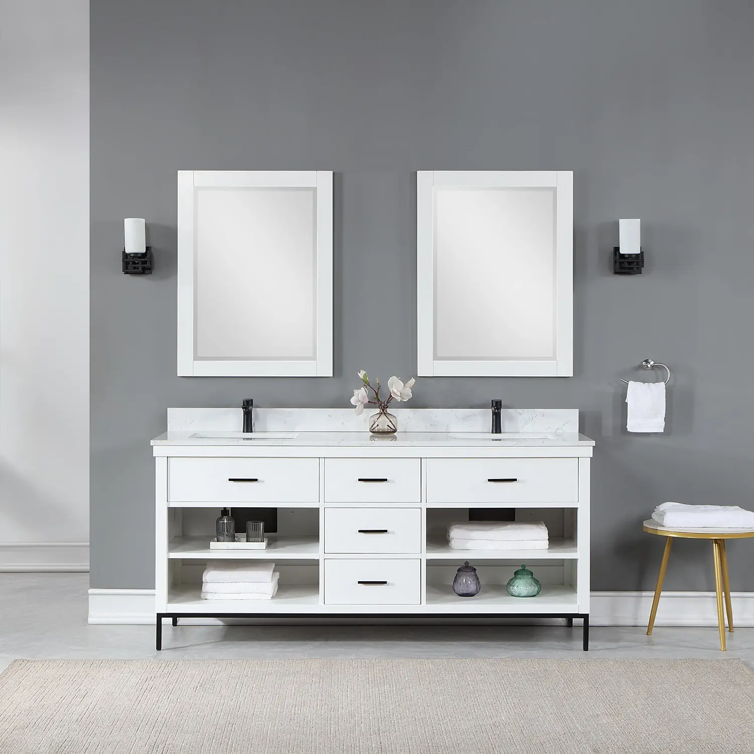 Altair Design Kesia 72" Double Bathroom Vanity Set in White with Aosta White Composite Stone Countertop