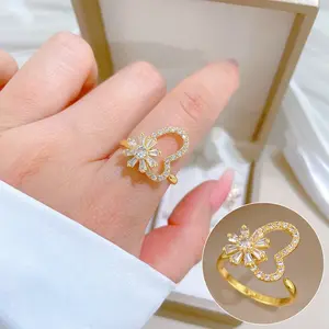 Rotating Flower & Star Zircon Ring, Adjustable Open Couple Ring Shiny Cubic Zirconia Finger Ring