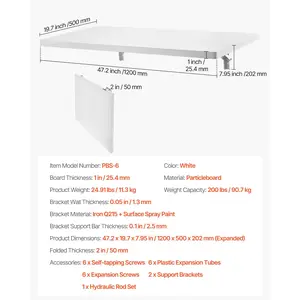 VEVOR Wall Mounted Folding Table, 47.2x 19.7 inches Wall Mount Table, Floating Desk with Iron Bracket, Fold Down Desk for Small Spaces, Home Office, Dining, Laundry Room, Kitchen, Bar, White