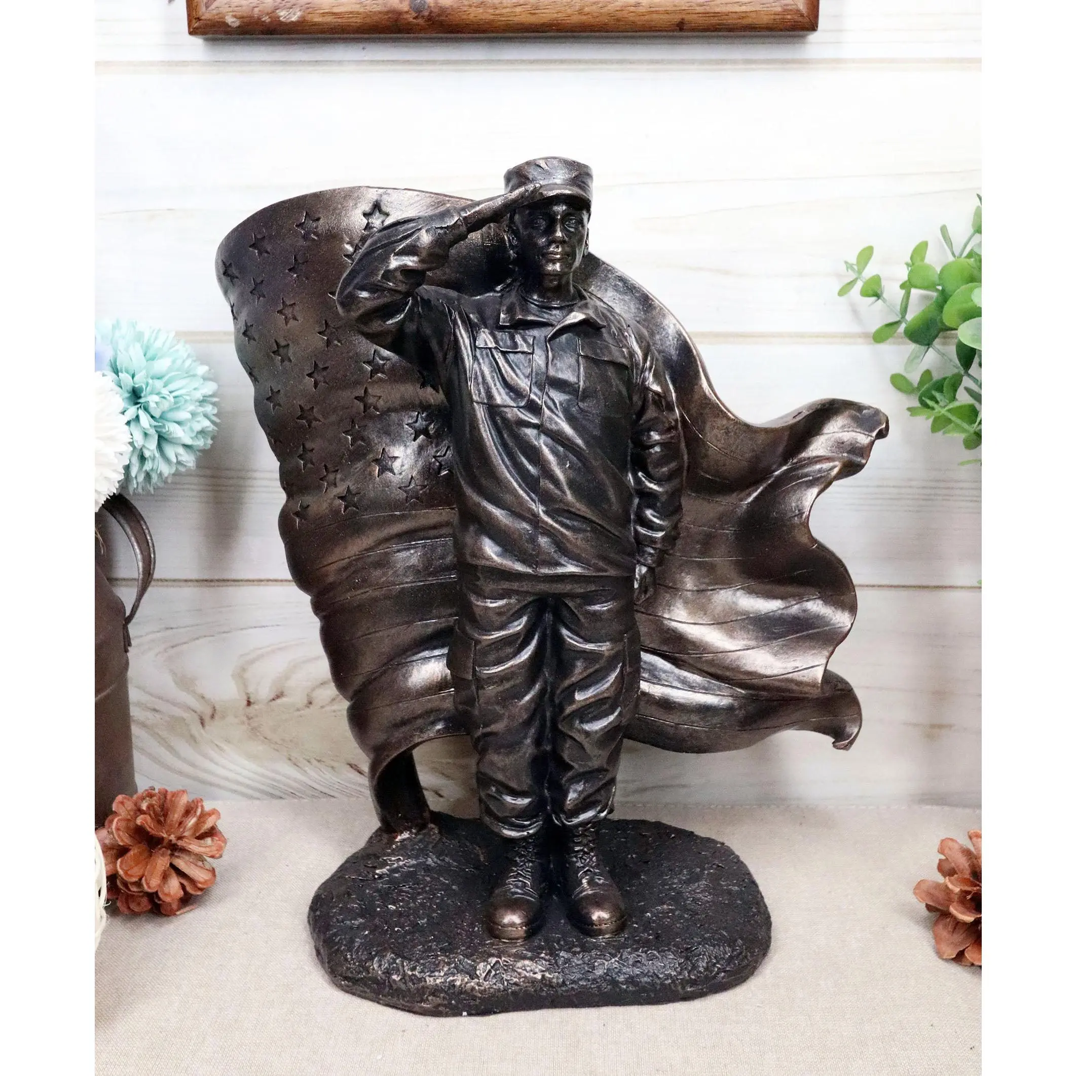 Ebros Patriotic American Soldier Saluting The Flag Standing Sculpture - Home Decor Figurine, USA Military Tribute Gift