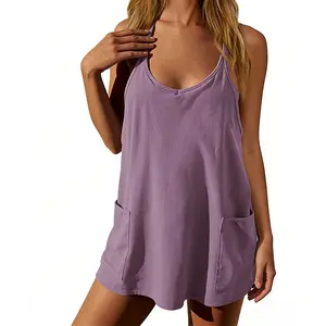 Women's Summer Solid Color Spaghetti Strap Jumpsuit with Pocket, Casual Sporty Loungewear Set