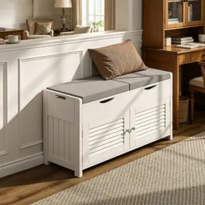 Lift Top Shoe Storage Bench, Entryway Bench with Two Padded Seats and Three Storage Compartments, Equipped with Adjustable Inner Shelf, Multi-Functional Shoe Cabinet for Entryways, Bedrooms and Living Rooms, White Finish