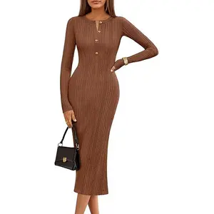 MEROKEETY Women's Bodycon Sweater Dress 2025 Fall Winter Long Sleeve Button Crew Neck Ribbed Knit Midi Work Dresses