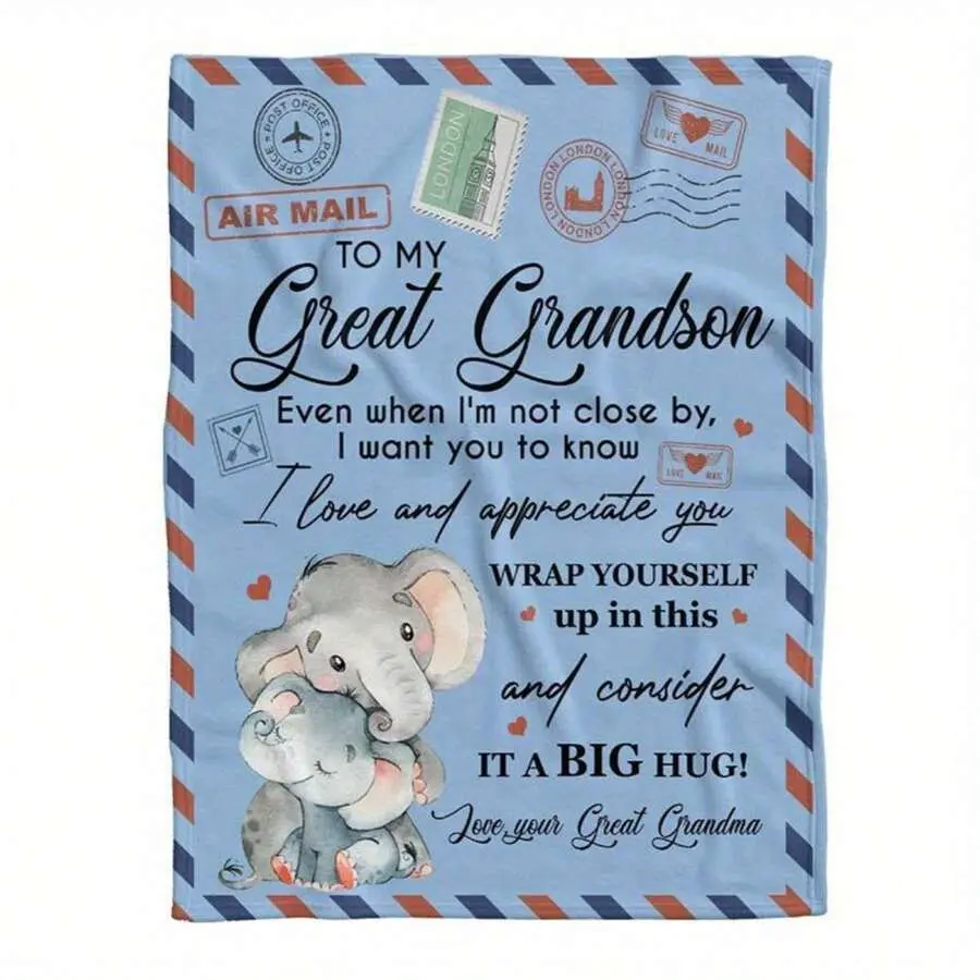 Comfortable Elephant Hug Blanket Soft Flannel Fabric Machine Washable Blue Airmail Stamp Patterns Versatile Use for Home Travel Camping All Seasons
