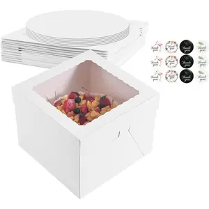 16 count 10x10x8 Inches Cake Boxes,8pcs White Bakery Boxes with Window and 8 count Boards,Cajas storage for 10 inch Cake box, Disposable Pie Box, Father's Day,Wedding, Birthday, Party