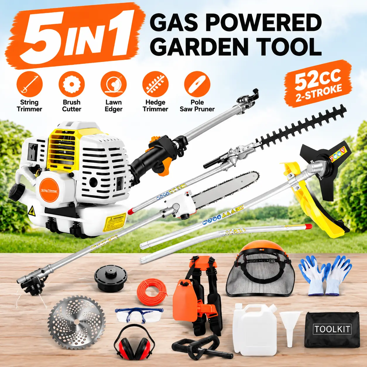5-in-1 Gas Powered Garden Tool, 52cc 2-Stroke Weed Trimmer, Brush Cutter, Lawn Edger, Hedge Trimmer & Pole Saw