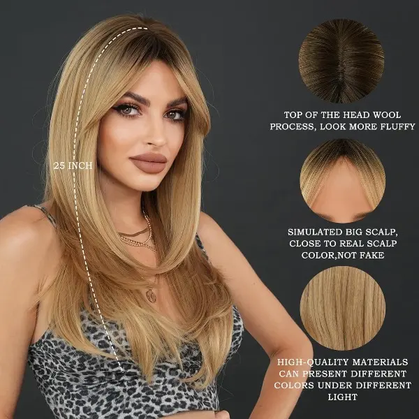 25 Inch Long Layered Honey Blonde Wig with Brown Roots Bangs  display picture 1