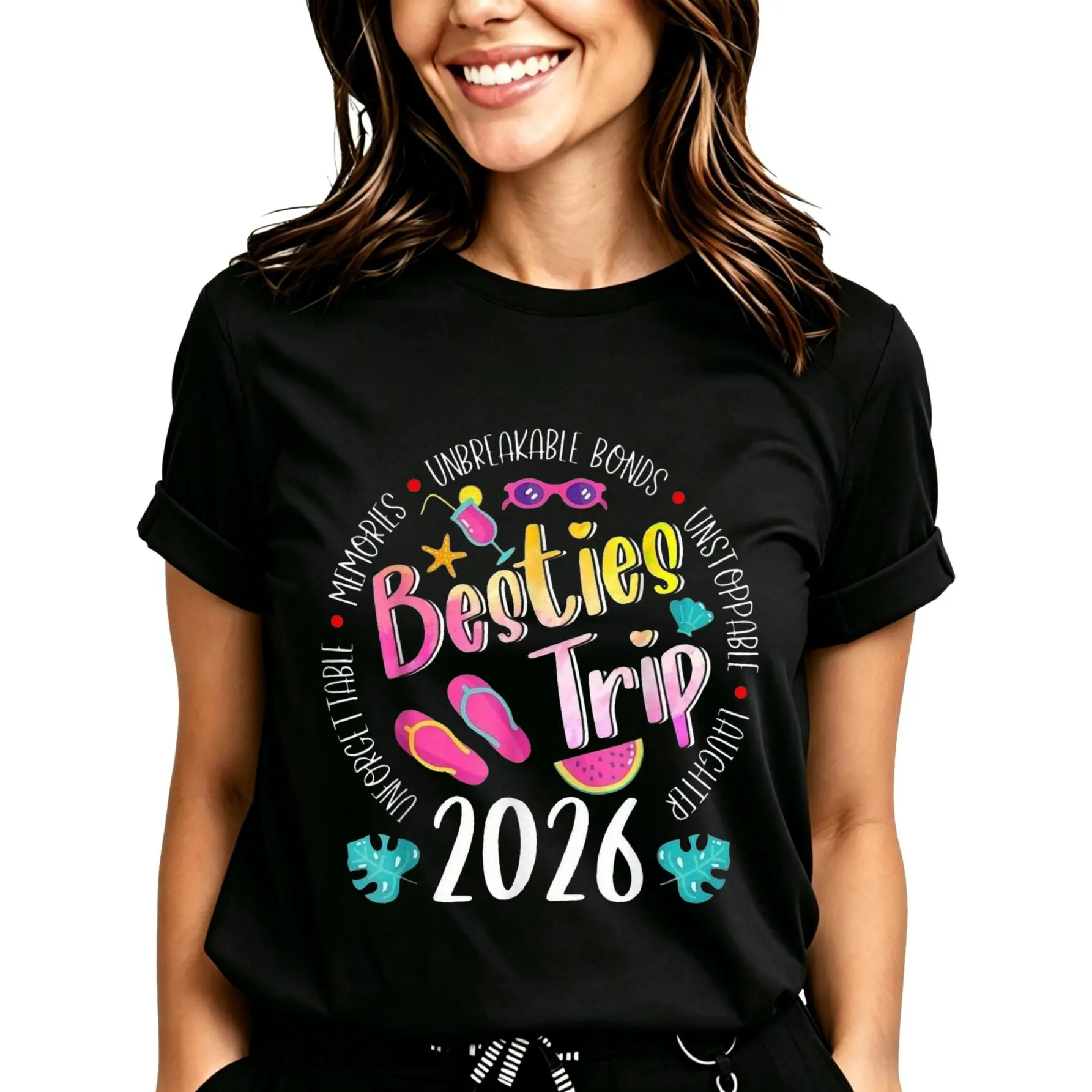 Unisex Short-Sleeve Cotton T-Shirt with Besties Trip 2026 Unbreakable Bonds Prints, Everyday Casual Men's Top