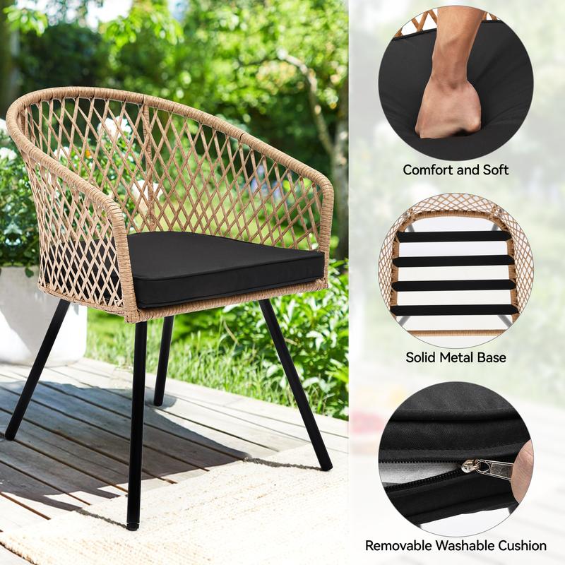 Yitahome 5-Piece Outdoor Dining Set with Umbralle Hole, Rattan Patio Dinging Set for 4 with Cup Holders Soft Cushions and Glass Top Dining Table for Backyard Deck Bacony