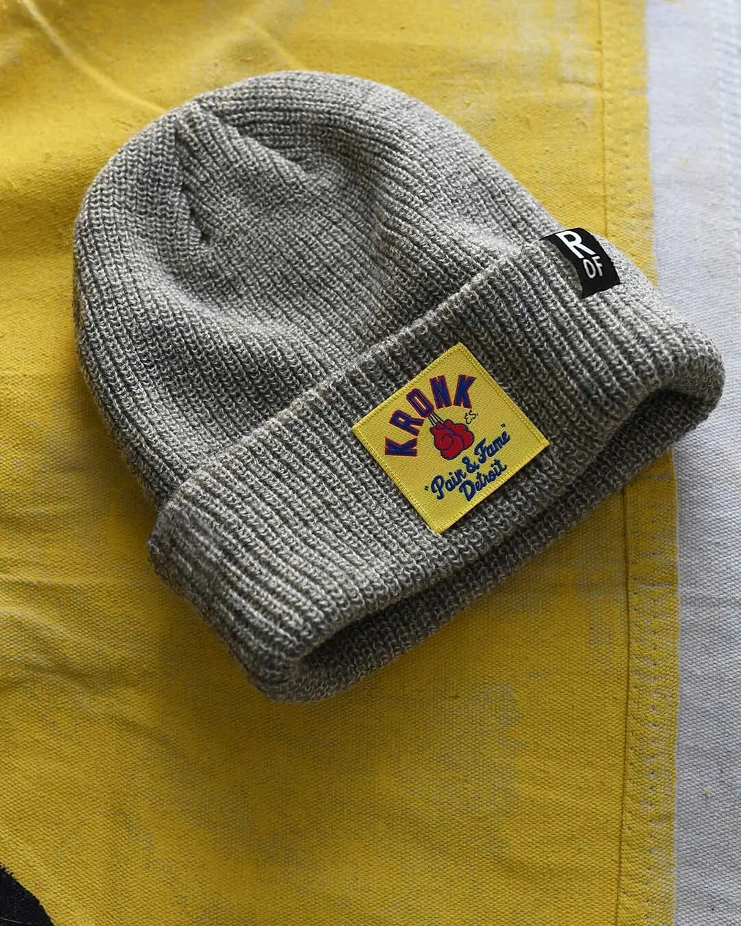 Cuffed Fine Knit Beanie, Soft 100% Acrylic Unisex Winter Hat with Embroidered Patches in Heather Tan - 1 Size Fits Most, One Size Os