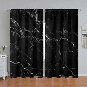 2Pcs Black Marble Printed Curtain Panel, Modern Minimalist Design, Pole Pocket Style, Semi-Sunshade Polyester Fiber, Suitable for Home Living Room, Bedroom, Balcony, Kitchen, Study and Shower Window Decoration, Accessory, Anti Privacy.